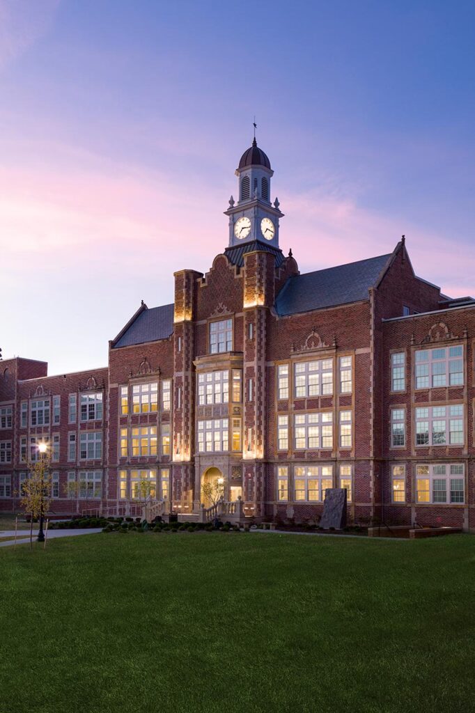 Heights High School, Exterior at Dusk